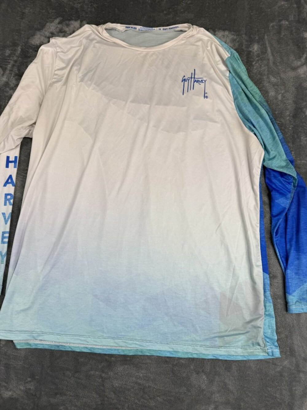 Guy Harvey Mens Long Sleeve Performance Shirt 2X White Blue Gradient Fishing Top